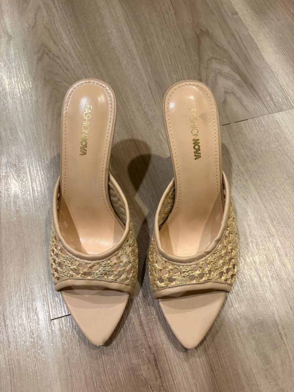 Fashion Nova Tan Woven Slide Mule Heels